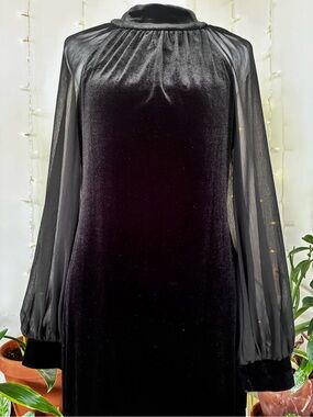 Calvin Klein Velvet Shift Dress Sheer Sleeves NWT Black Mock Neck Dress